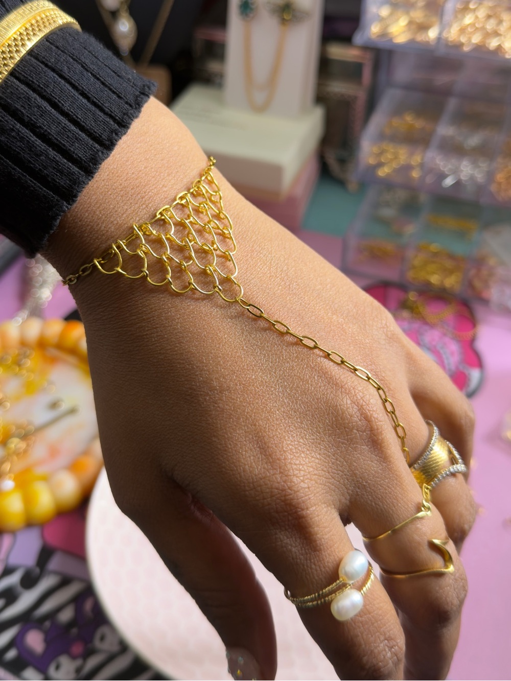 Handmade Gold Chain Hand Harness Bracelet - Gold Women's Jewelry